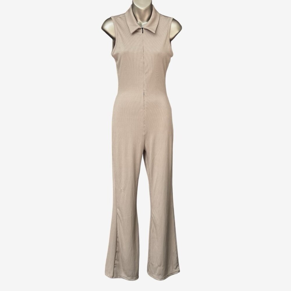 Stretch Flare Leg Jumpsuit Hippie Disco Boho Gray Front Zip D&M Womens Small S